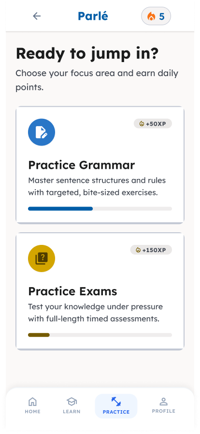 Practice home screen